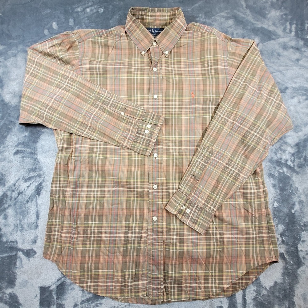 Ralph Lauren‎ Mens Classic Fit Plaid Button Down Shirt Olive Brown Orange 16.5 L